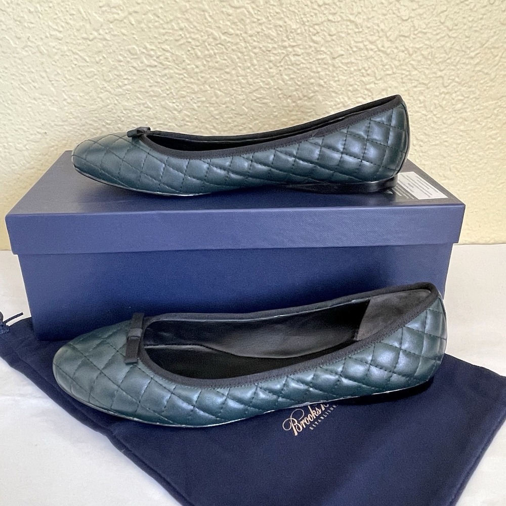 Brooks Brothers Green Quilted Leather Ballet Flats Bow Shoe EUC Box Bag Size 9.5
